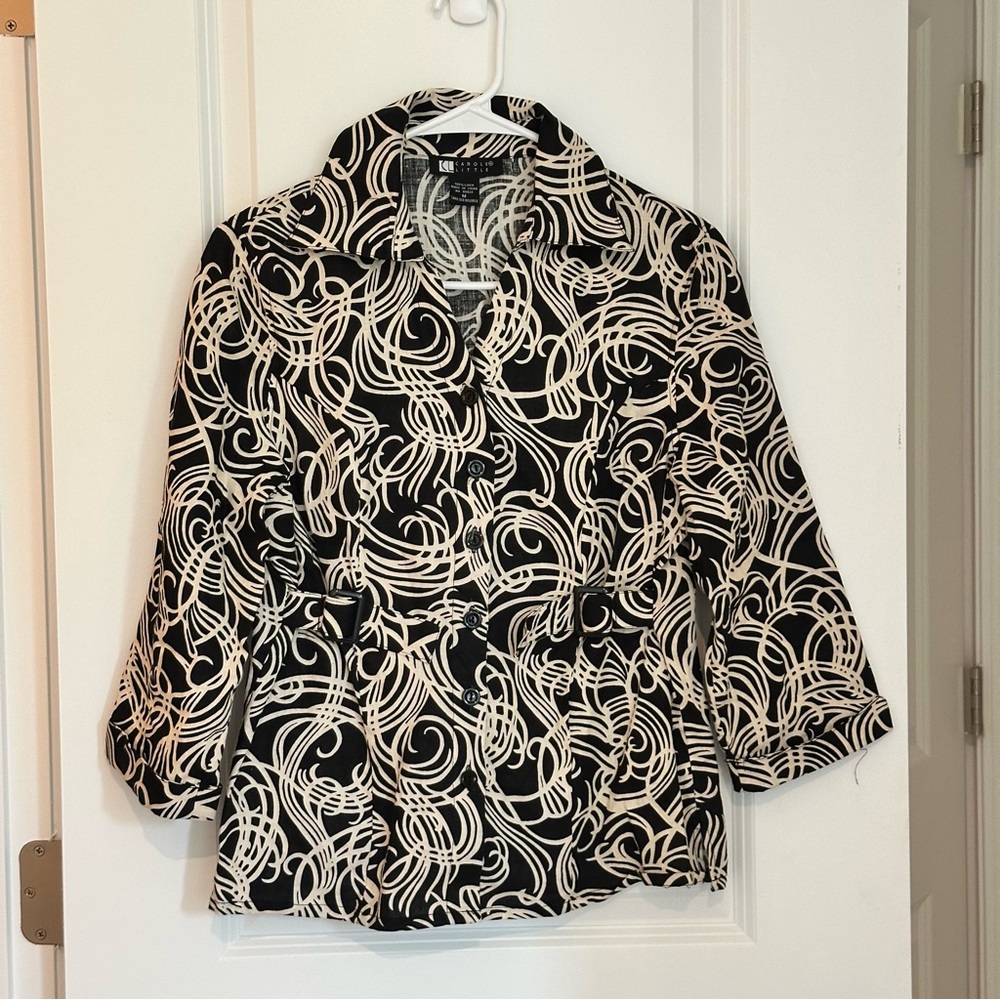Carole Little Black and Cream Patterned Blazer 100% LINEN Medium but runs small
